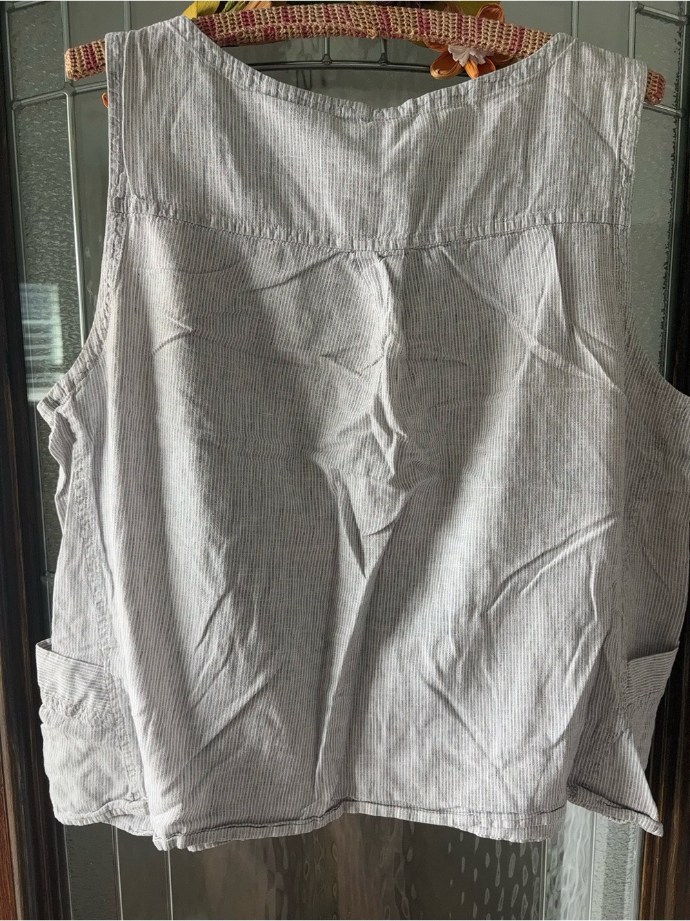 Light Gray striped Sleeveless Linen-Blend Top - Casual Women’s Tank - Picture 4 of 5